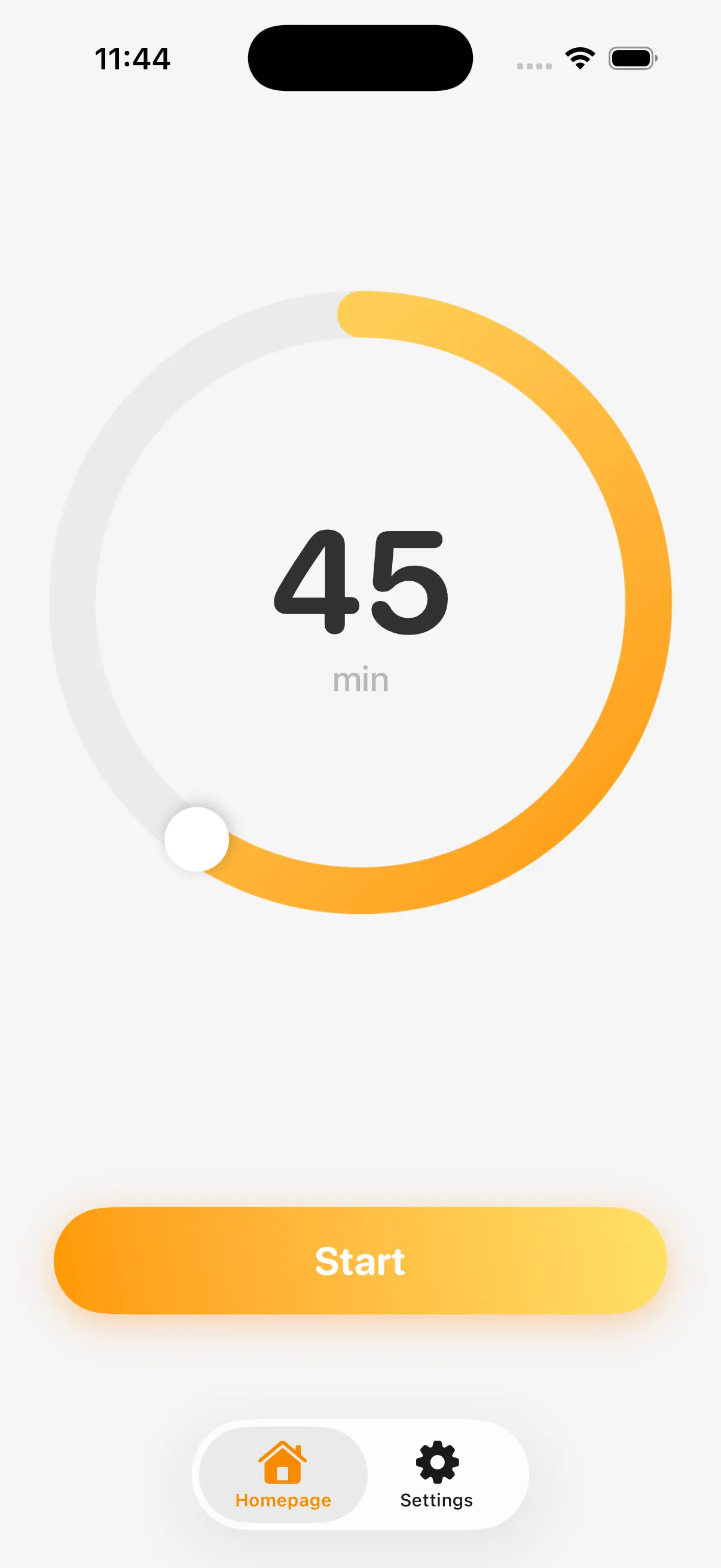 MoveToZero pomodoro focus timer interface on iPhone - set custom sitting duration with gentle break reminders